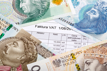 VAT invoice on the background of Polish money