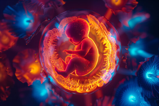 Little human baby inside mother womb. Small embryo in uterus. Cute unborn child sleep in belly. Origin beginning of life concept. Woman pregnancy. Tiny innocent infant grow. Childbirth medical science