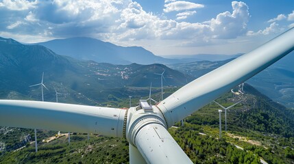 Fototapeta premium Professional technician performing a routine inspection and maintenance service on a wind turbine, focusing on the rotor blade checkup to ensure optimal performance and safety.