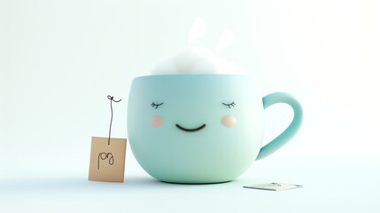 A 3D cartoon character of a calm herbal tea cup, with soothing steam and a gentle smile, tea bag hanging on the side, isolated on a white background.