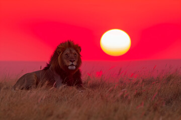 Fototapeta premium A lion is resting on a on dry grass in savannah at red sunset