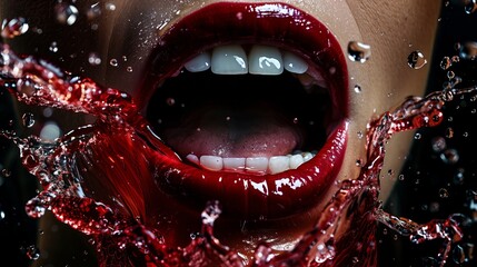 Vibrant splash: woman with red liquid splashing on lips