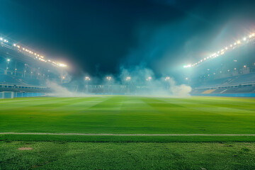 empty football stadium illuminated by spotlights, green grass playground, smoke or fog under ground