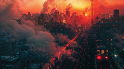 Sunset blaze over urban railway