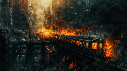 Fiery subway train in dystopian cityscape