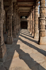 Delhi, India: Qutb complex. Ancient columns in the Hindu temple on the Qutb complex