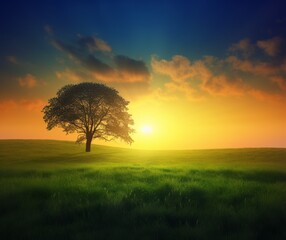 Fototapeta premium Majestic Lone Tree on Lush Green Hill at Sunset in Idyllic Countryside Landscape