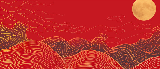 red golden luxury oriental moon, wave and mountain beauty of nature background