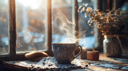 A steaming cup of coffee sits on a windowsill, the morning sun streaming in through the window.