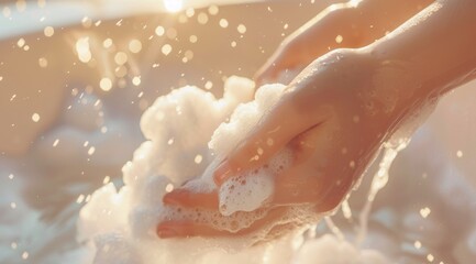 Fototapeta premium Golden Hour Hand Washing with Soap Bubbles and Sunlight