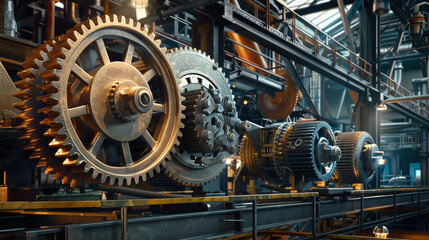Industrial scene featuring large mechanical gears in motion, with a clear focus on precision engineering and mechanical functionality.