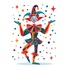 Colorful jester performing tricks amidst colorful confetti. Juggling jestful character vibrant harlequin costume. Festive circus clown entertainer vector delighting audience