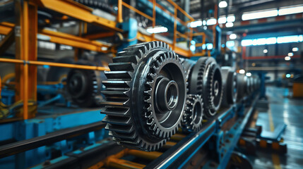 A close up of a gear train in a factory setting.
