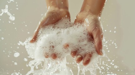 Fototapeta premium Hydrating Hands. Gentle Soap Suds Splashing Under Fresh Water
