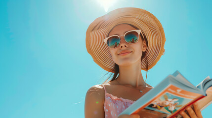 Young woman wearing a straw hat and sunglasses is reading a book against the blue sky.