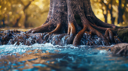 A tree's roots are exposed as a river flows over them