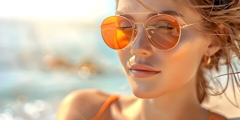 Chic girl in sunglasses lounging on sunlit beach perfect for travel promotions. Concept Travel Photography, Fashion Photoshoot, Beach Lifestyle, Sunglasses Fashion, Sunlit Portraits