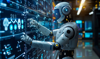 Fototapeta premium Futuristic Medical AI Robots - Doctor Using Cutting-Edge Healthcare Technology for Virtual Diagnosis, Big Data Analysis, and Medical Research