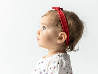 Cute little baby girl with red  band standing in profile Isolated over white background with copy space in front