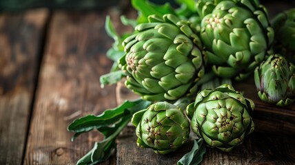 Fresh artichokes on rustic wooden background