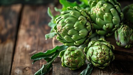 Obraz premium Fresh artichokes on rustic wooden background