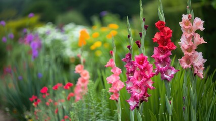 Obraz na płótnie Canvas Garden with rows of colorful gladiolus flowers.