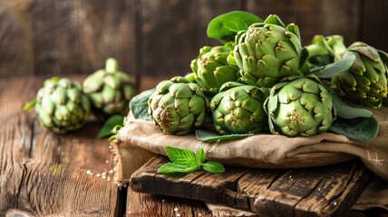 Fresh artichokes on a rustic wooden table.
