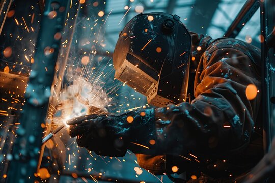 Industrial manufacture of iron, welding steel in factory. Engineering with robust equipment, welder in action.