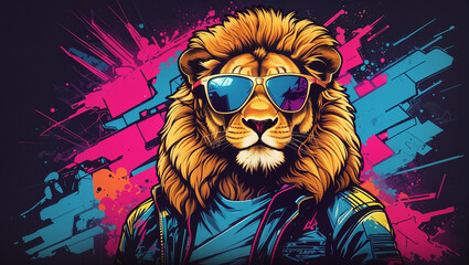 a drawing of a lion wearing sunglasses and a blue and pink jacket against a background of bright colors.

