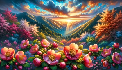 Fototapeta premium Image of Flowering quince at sunset over a lush mountain valley