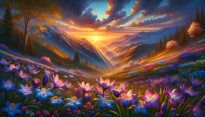 Image of Scilla flowers at sunset over a lush mountain valley