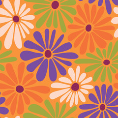 Retro floral vector background. Surface design in style of hippie. Vintage groovy daisy flowers. Modern pattern design for textile, stationery, wrapping paper, gifts. 60s, 70s, 80s style