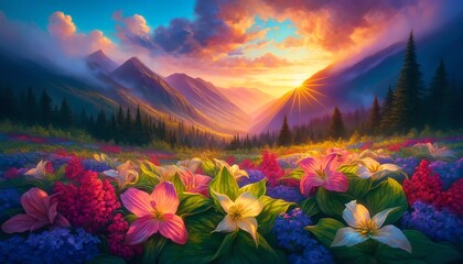 Image of Trillium flowers at sunset over a lush mountain valley