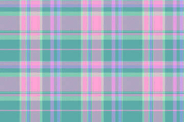 Tile tartan plaid seamless, rough check pattern background. Thread fabric texture textile vector in teal and pink colors.