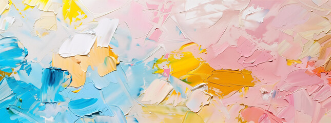 Fototapeta premium An abstract background showcases a stunning array of colorful pastel oil painting strokes, featuring vibrant shades of blue, pink, and yellow. The hand-painted brush strokes create a dynamic 