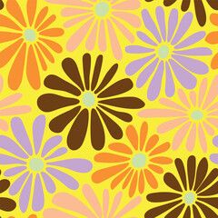 Retro floral vector background. Surface design in style of hippie. Vintage groovy daisy flowers. Modern pattern design for textile, stationery, wrapping paper, gifts. 60s, 70s, 80s style