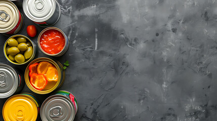 Canned food top view isolated on dark background copy space