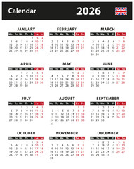 2026 Calendar - vector stock illustration. English version