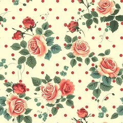 A floral pattern with red roses and green leaves
