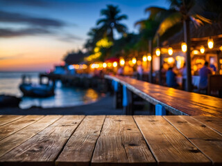 Shoreline Ambiance, Wooden Table with Blurred Beach Cafe Backdrop, Illuminated by Soft Bokeh Lights