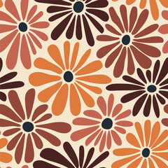 Retro floral vector background. Surface design in style of hippie. Vintage groovy daisy flowers. Modern pattern design for textile, stationery, wrapping paper, gifts. 60s, 70s, 80s style