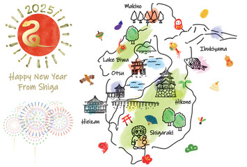 滋賀県の観光地のイラストマップ年賀状2025年