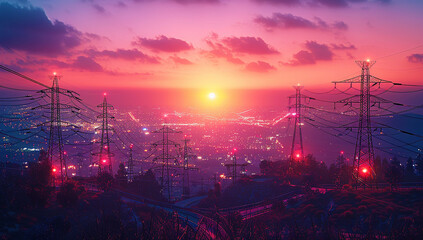 A landscape photograph of an electric grid with multiple power towers and wires, set against the backdrop of city lights in the distance at sunset. The sky is clear with soft pastel colors - Powered by Adobe
