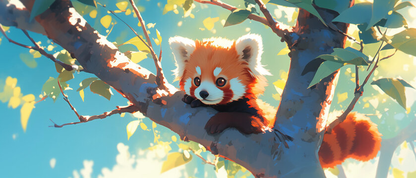 A baby red panda perched on a tree branch, looking curious. cute animal illustration