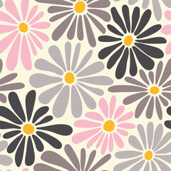 Retro floral vector background. Surface design in style of hippie. Vintage groovy daisy flowers. Modern pattern design for textile, stationery, wrapping paper, gifts. 60s, 70s, 80s style