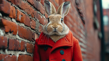 Stylish hare hops through city streets with tailored flair, epitomizing street style.