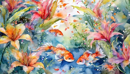 華麗な金魚と花火、美しい百合と共に夏の香りを届ける透き通るような色彩豊かな模様を大まかに水彩画で描く  generated by AI