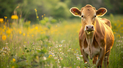 A brown white calf standing in the meadow looking at camera
