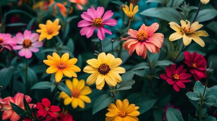 Colorful zinnia flowers in a lush garden, displaying a vibrant array of yellow, pink, red, and orange blooms. Concept of gardening, beauty, and nature.