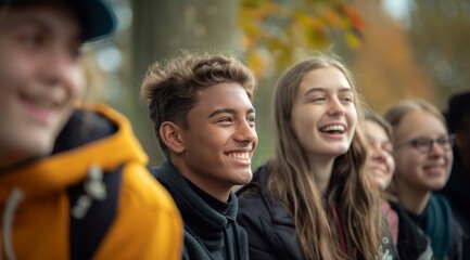 Fototapeta premium a group of young people smiling, outdoor setting, happy teenage friends. generative AI